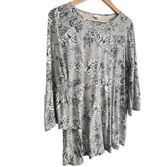 J. JILL Smocked Sleeve With Ruffle Tunic Top Women’s Sz. M Gray & White Floral - Picture 4 of 7